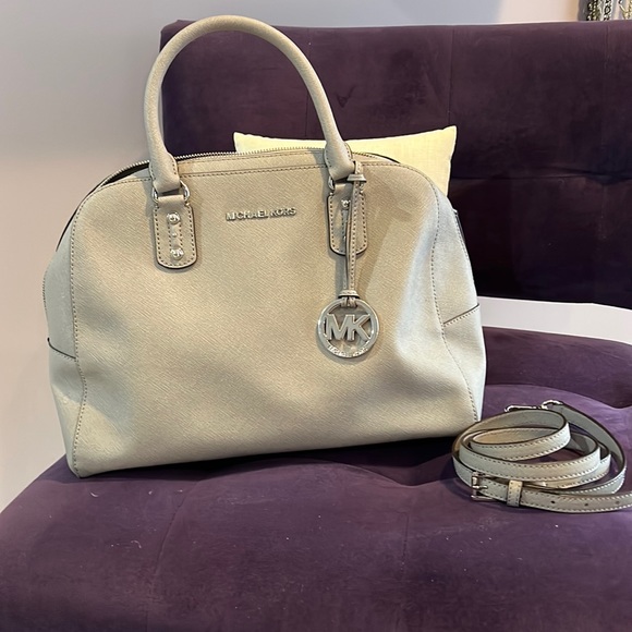Michael Kors gray handbag with strap. Great condition 12 1/2 by 9 1/2 when close - Picture 1 of 11
